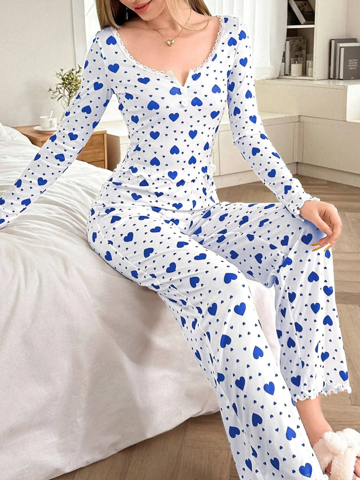 Ribbed Heart Print Pajama Set - View 22 | TEVQA
