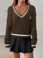 White cable knit V-neck sweater with black trim and embroidered crest - View 9 | TEVQA