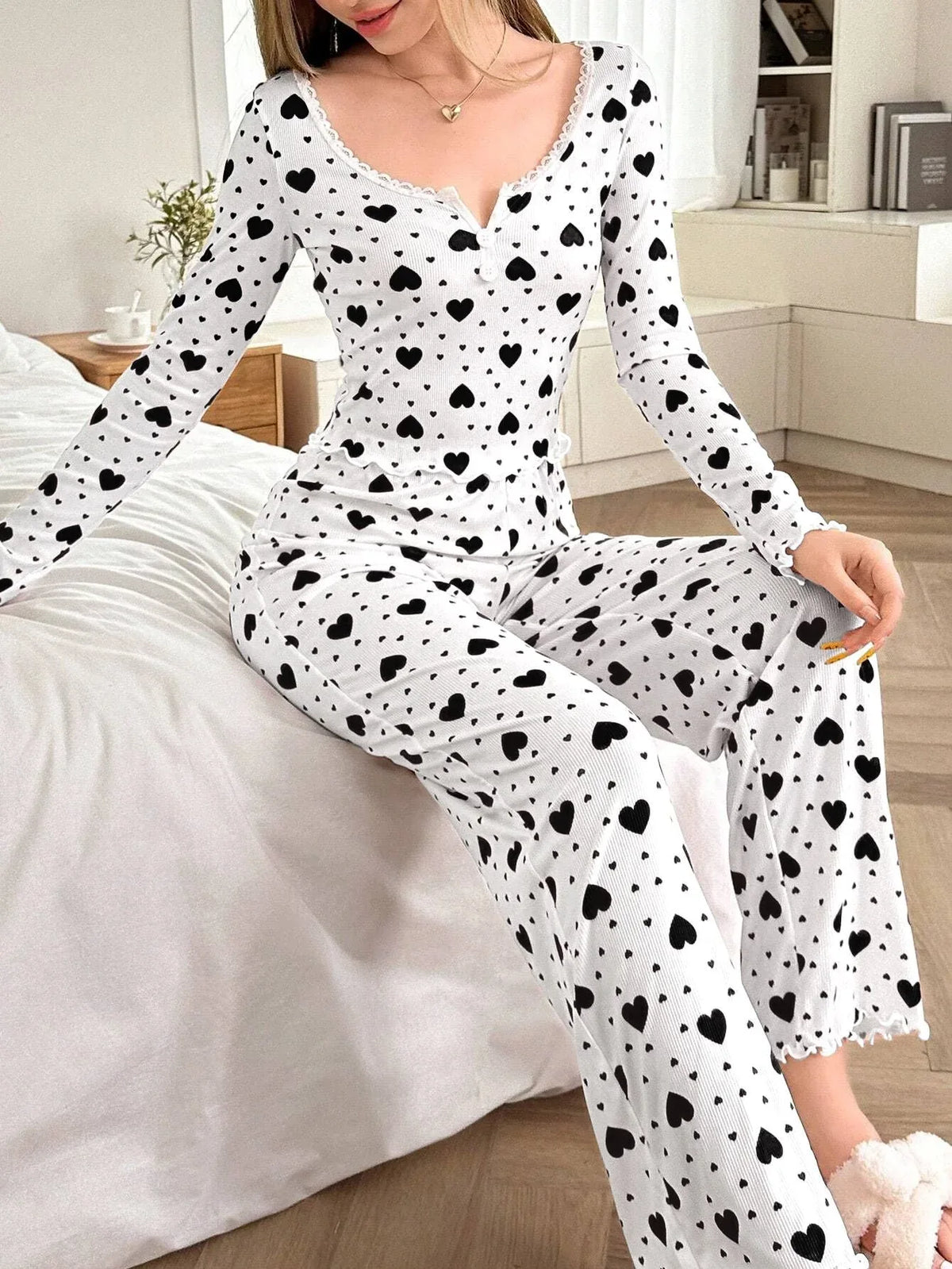 Ribbed Heart Print Pajama Set - View 11 | TEVQA