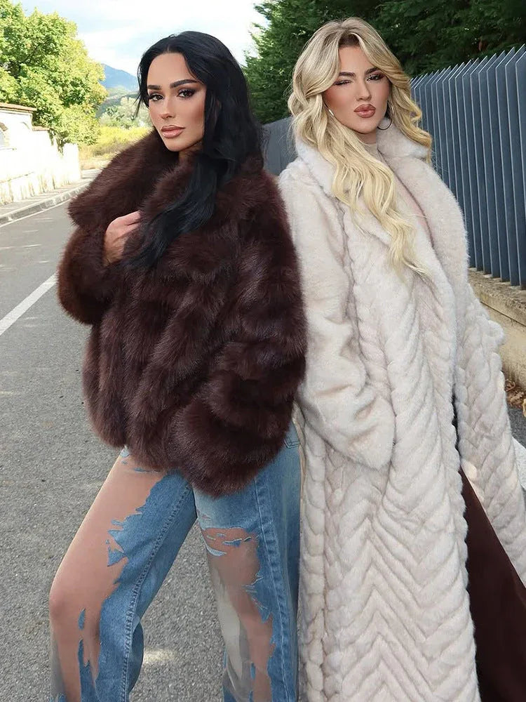 Elegant chevron textured faux fur maxi coat - View 7 | TEVQA