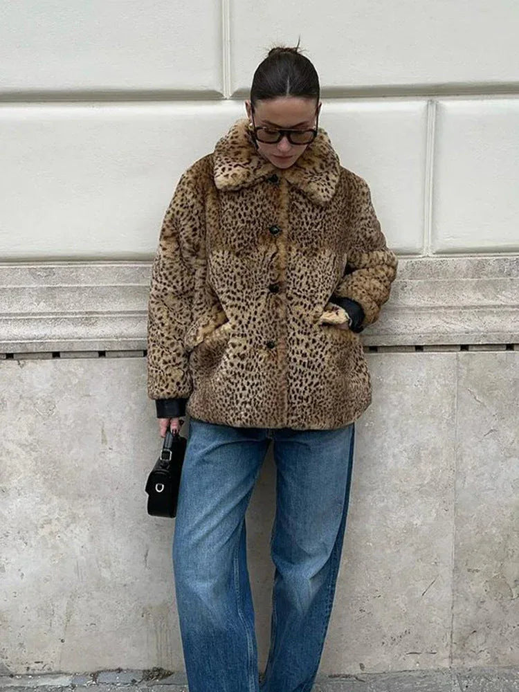 Vintage Leopard Print Faux Fur Jacket - TEVQA