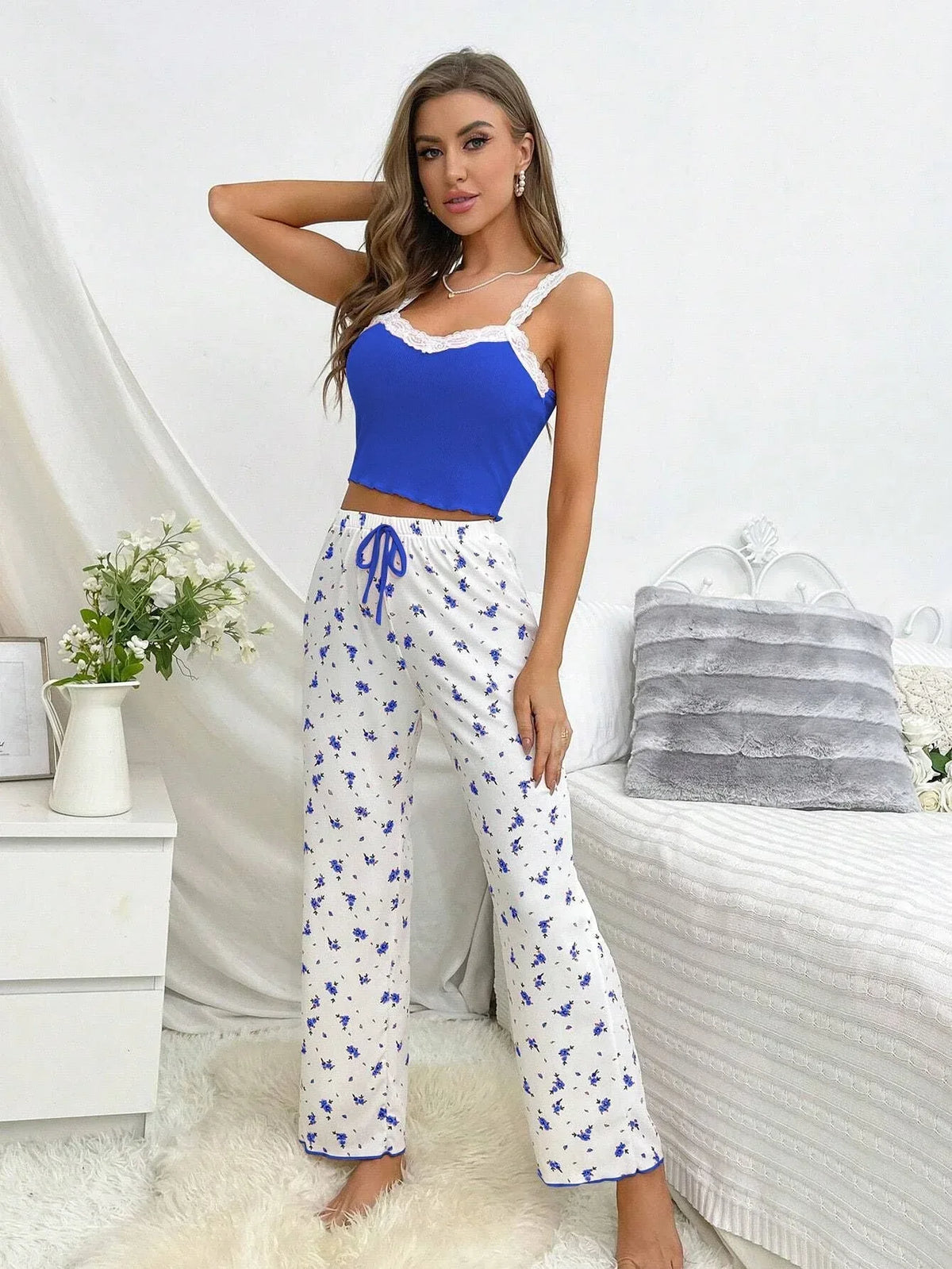 Ribbed Cami & Floral Wide Leg Pajama Set - View 15 | TEVQA