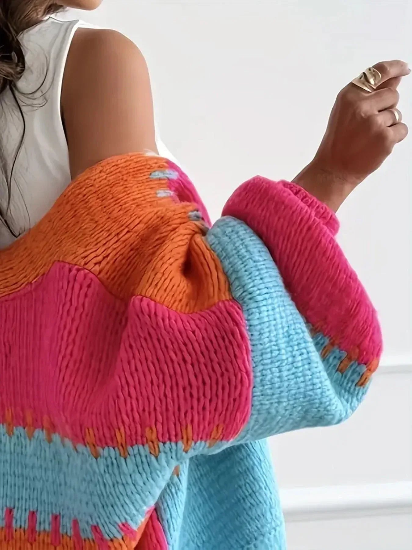 Vibrant Color Block Chunky Knit Cardigan - TEVQA