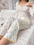 Ribbed Knit Floral Pajama Set - View 13 | TEVQA