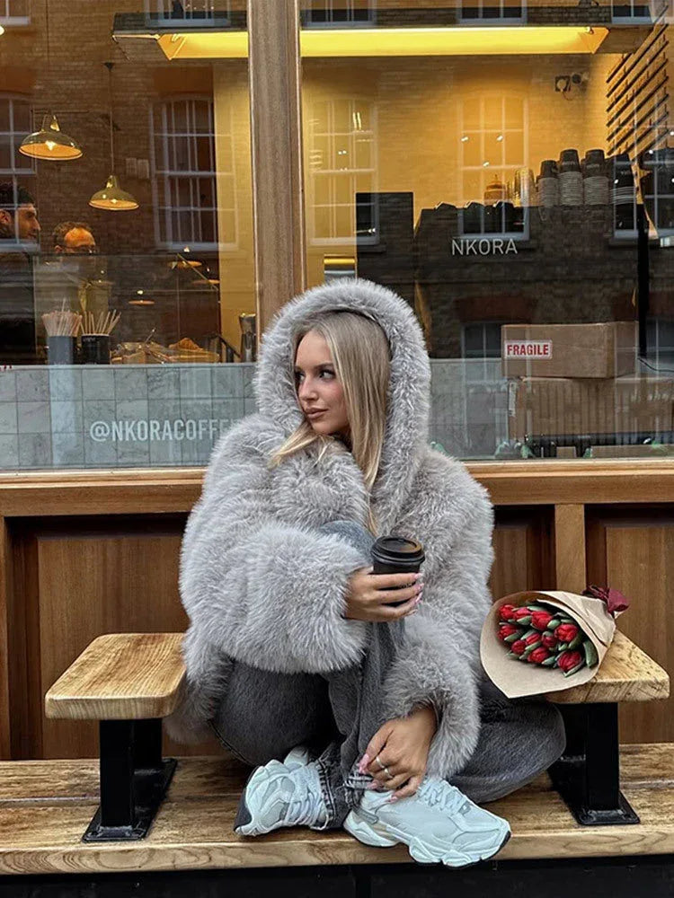 Grey faux fur hooded cropped coat - View 6 | TEVQA