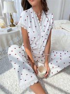 Cherry print ribbed pajama set with lace trim - View 25 | TEVQA