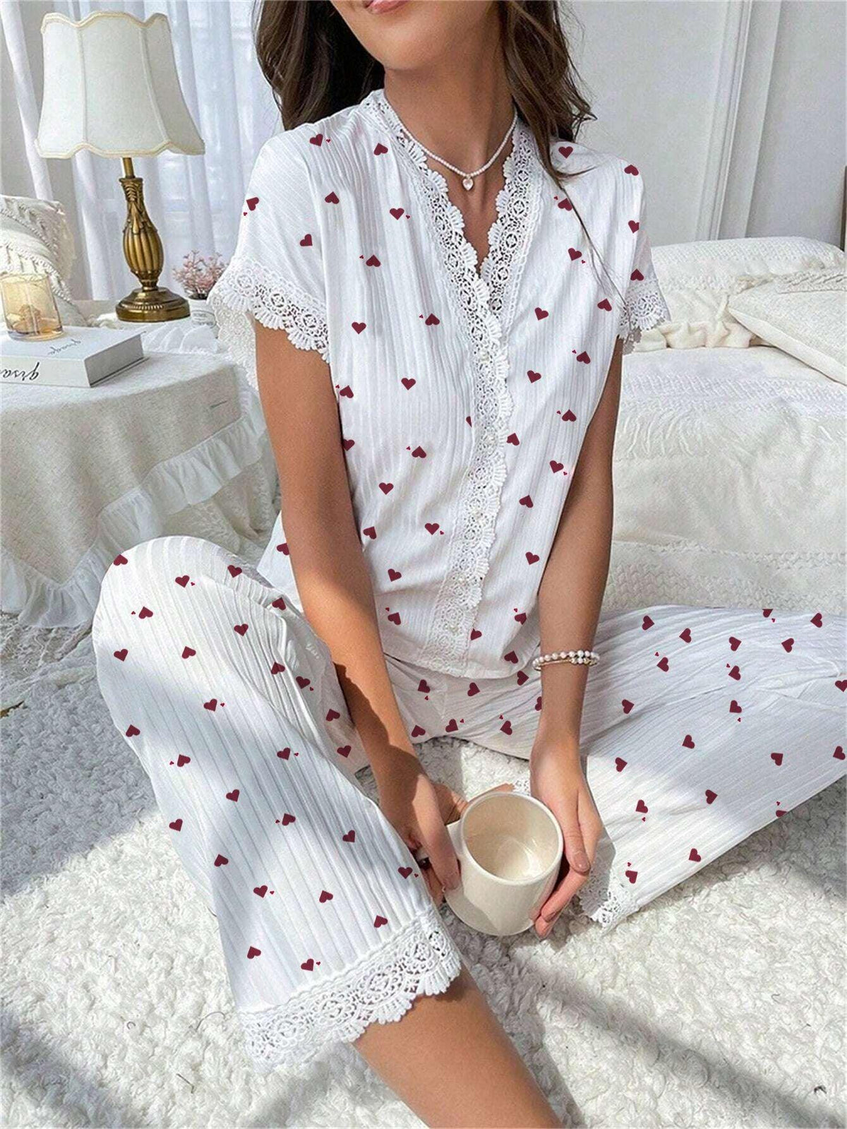 Cherry print ribbed pajama set with lace trim - View 25 | TEVQA