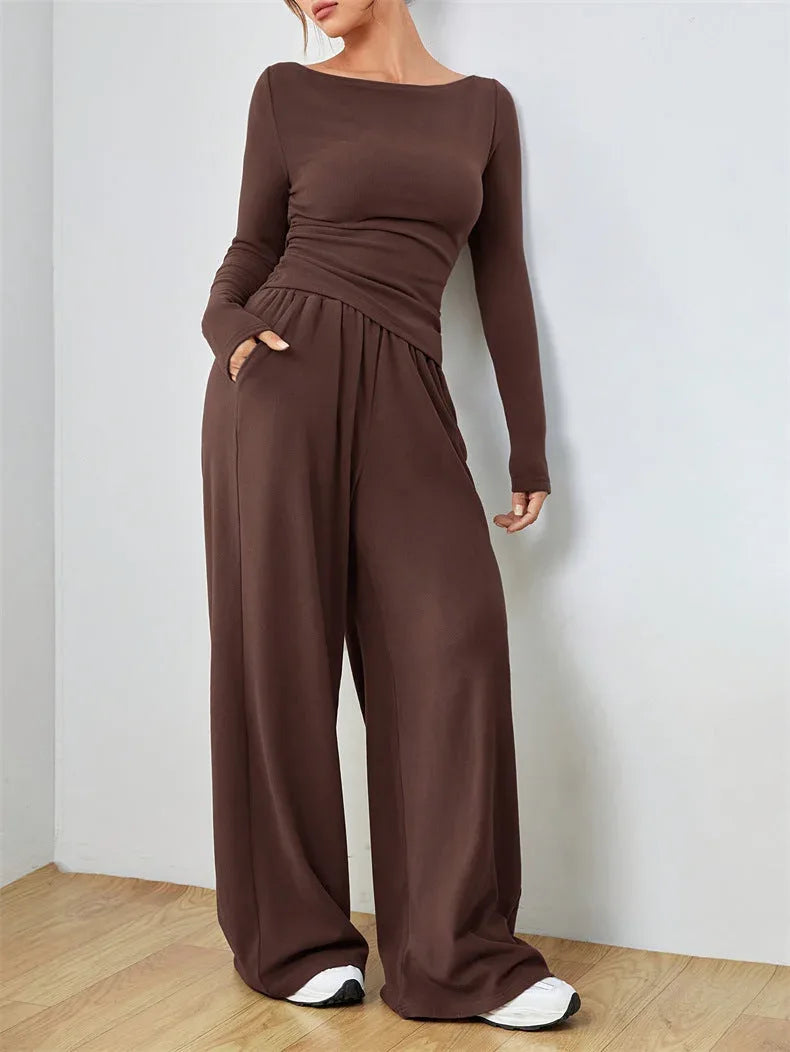 Women's Boat Neck Wide Leg Two-Piece Set - View 21 | TEVQA