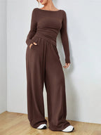 Women's Boat Neck Wide Leg Two-Piece Set - View 21 | TEVQA