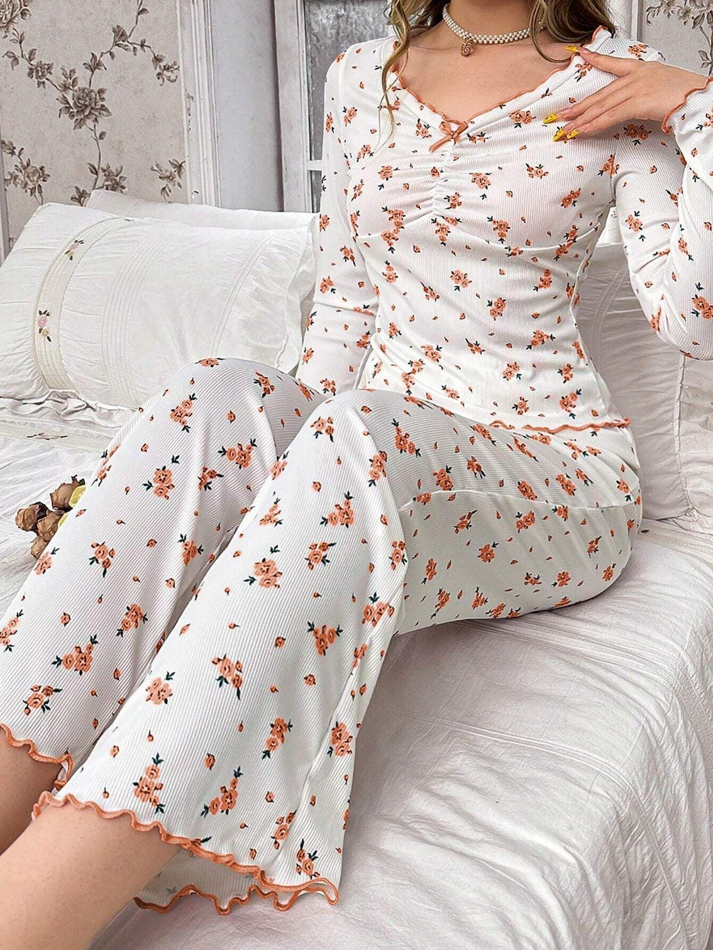 Ribbed Knit Floral Pajama Set - View 19 | TEVQA
