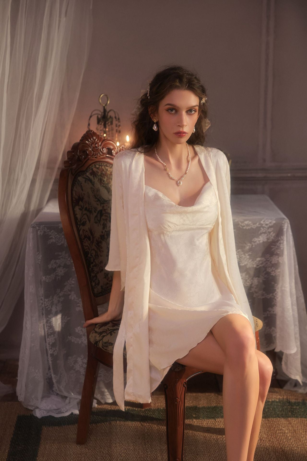 Jacquard Satin Cowl Neck Robe & Slip Dress Set