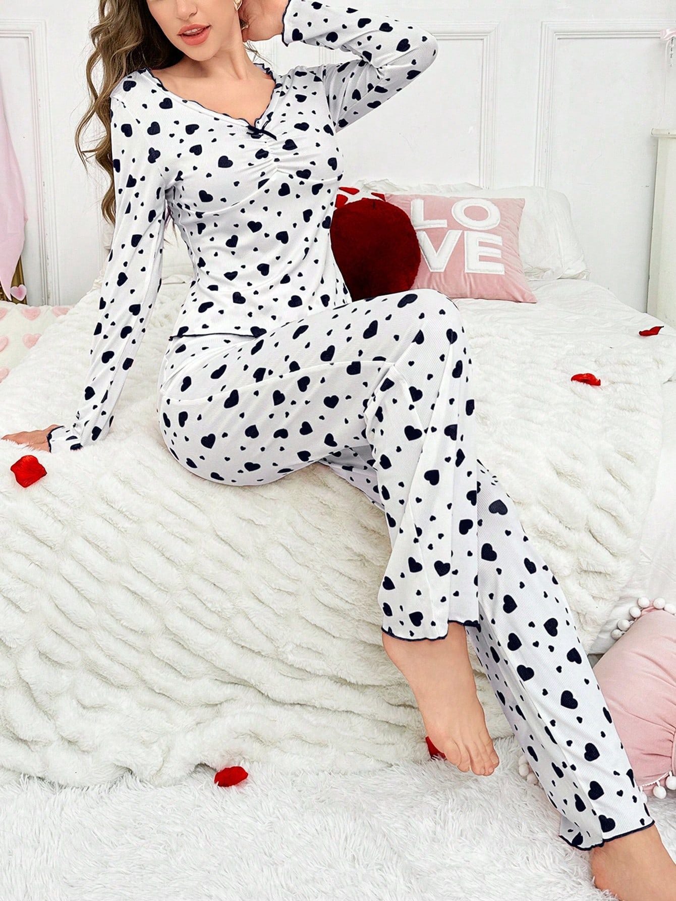 Heart Print Ribbed Pajama Set