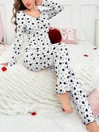 Ribbed Heart Print Pajama Set - View 9 | TEVQA