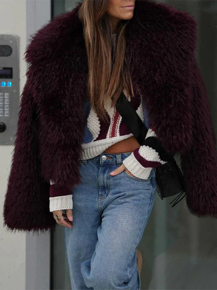 Vamp Burgundy Shaggy Faux Fur Cropped Jacket - TEVQA Main image