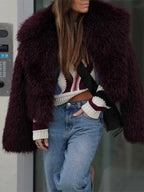Vamp Burgundy Shaggy Faux Fur Cropped Jacket - TEVQA