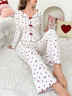 Ribbed Heart Print Pajama Set - View 6 | TEVQA