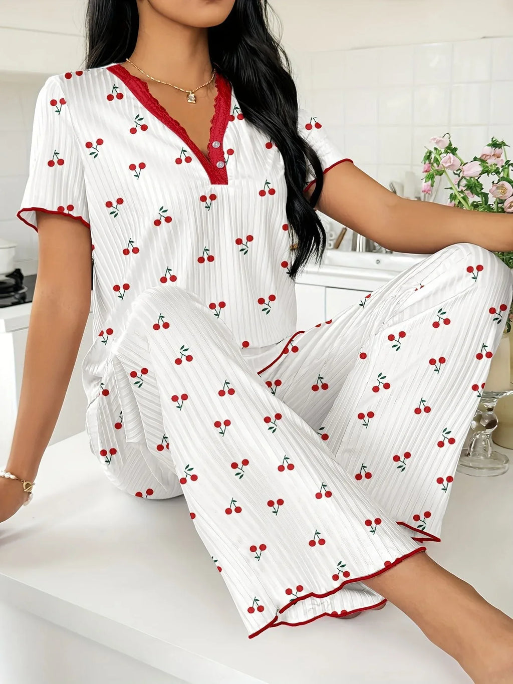 Ribbed Heart Print Lounge Set - View 23 | TEVQA