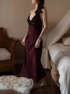 Vintage Burgundy | Lace Trim Satin Slip Dress - TEVQA