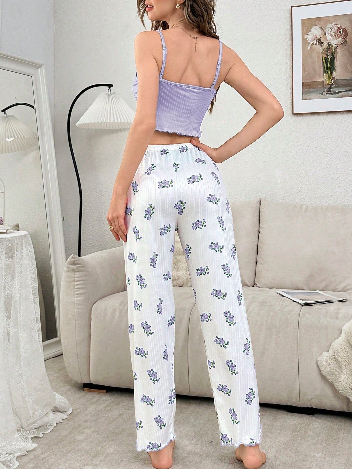Pink Ribbed Cami & Floral Pants Set