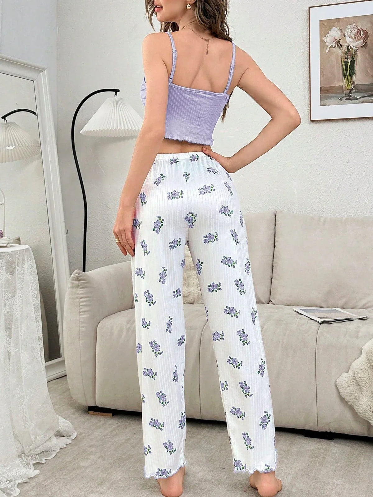Ribbed Cami & Floral Pants Set - View 17 | TEVQA