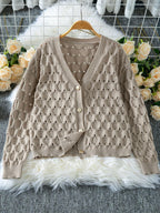 Beige open knit hollow out button front cardigan - View 6 | TEVQA