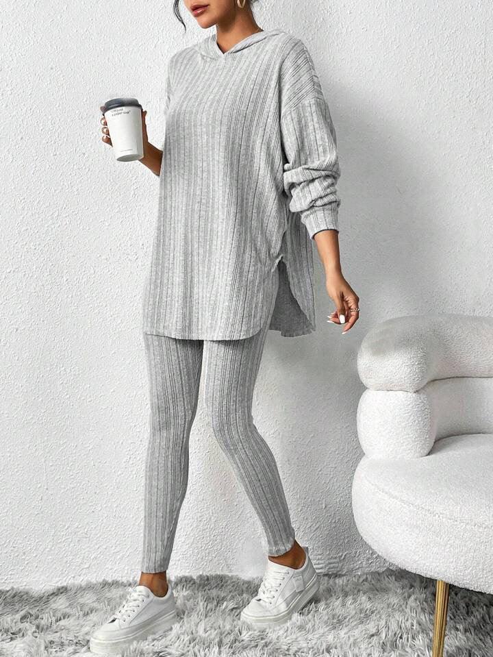 Ribbed Knit Hoodie and Leggings Set - View 7 | TEVQA