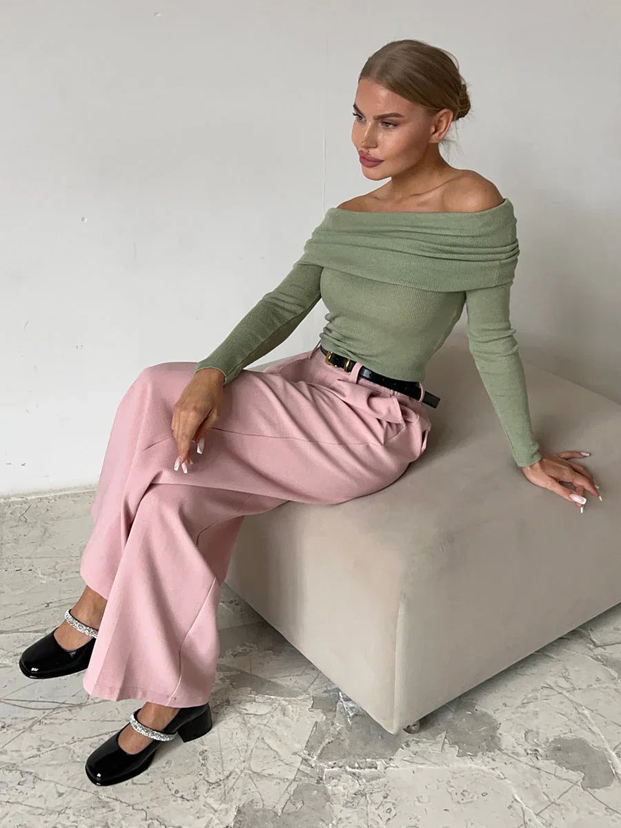 Fold-Over Off-Shoulder Knit Top - TEVQA