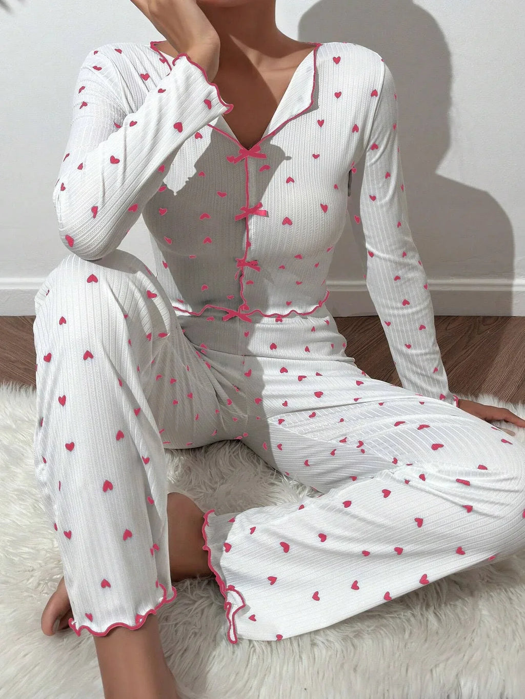 Ribbed Heart Print Pajama Set - View 25 | TEVQA