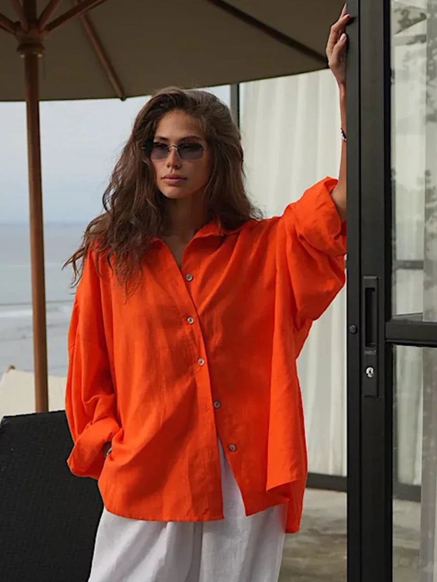 Effortless 100% Cotton Oversized Button Down Shirt - TEVQA