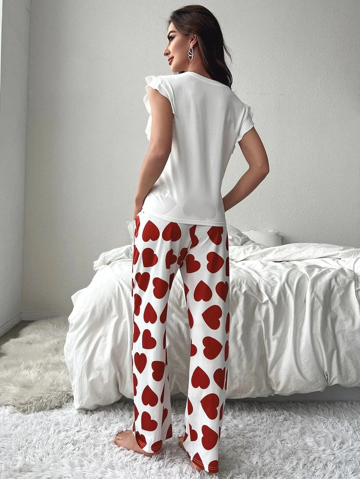 Heart print pajama set with ruffle sleeves - View 14 | TEVQA