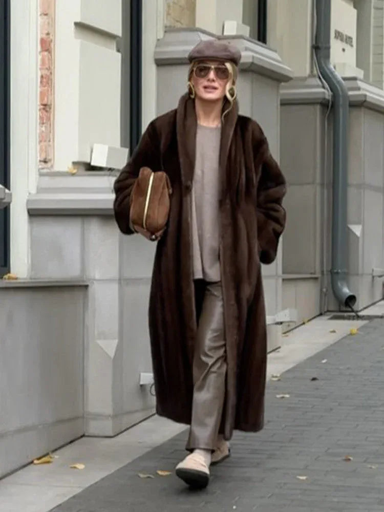 Vintage Chocolate Sheared Faux Mink Maxi Coat - TEVQA