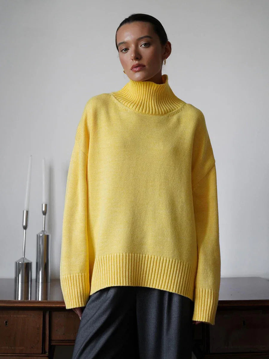 Effortless Oversized High-Neck Ribbed Knit Sweater - TEVQA