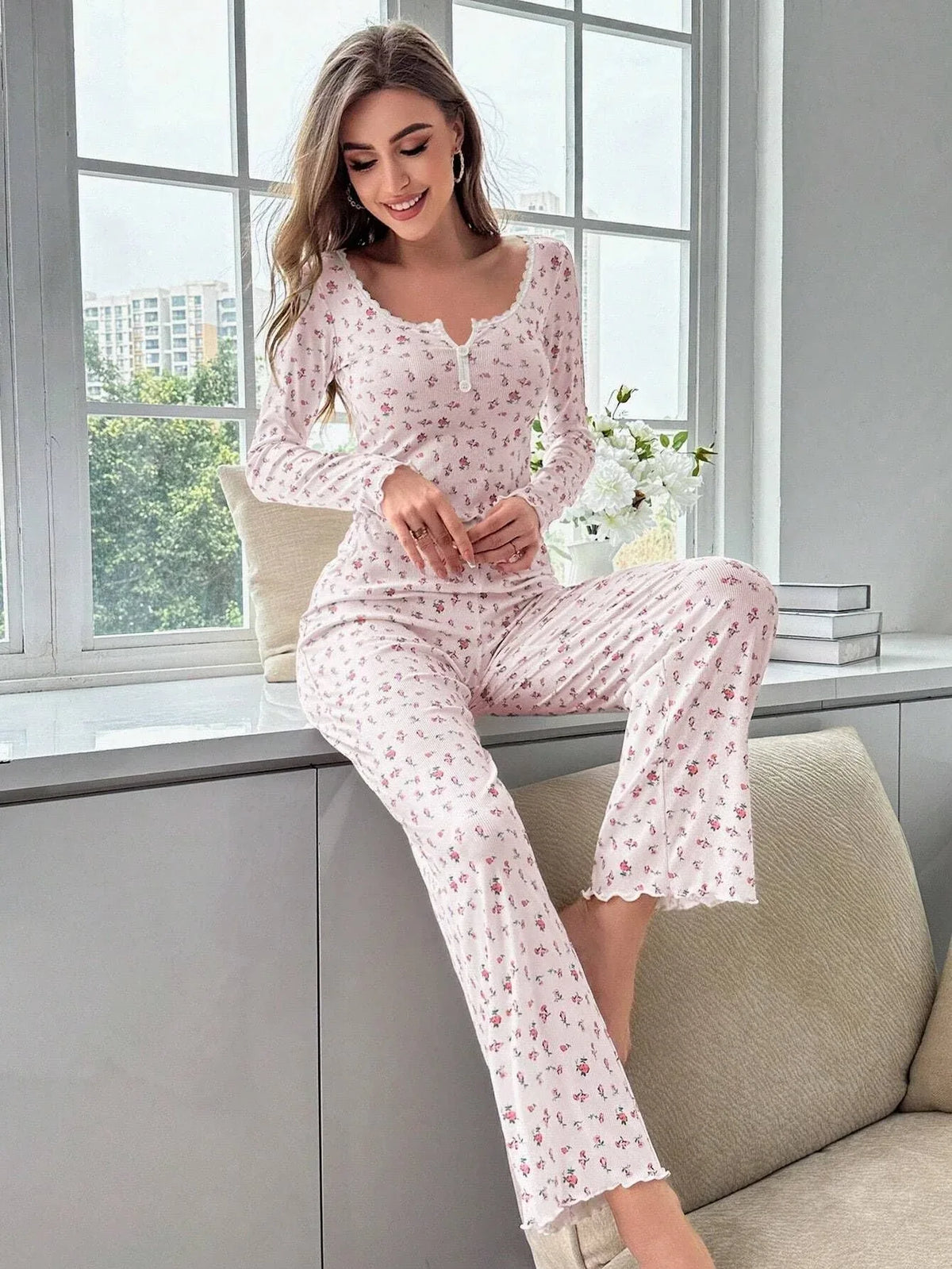 Ditsy floral ribbed henley pajama set - View 9 | TEVQA