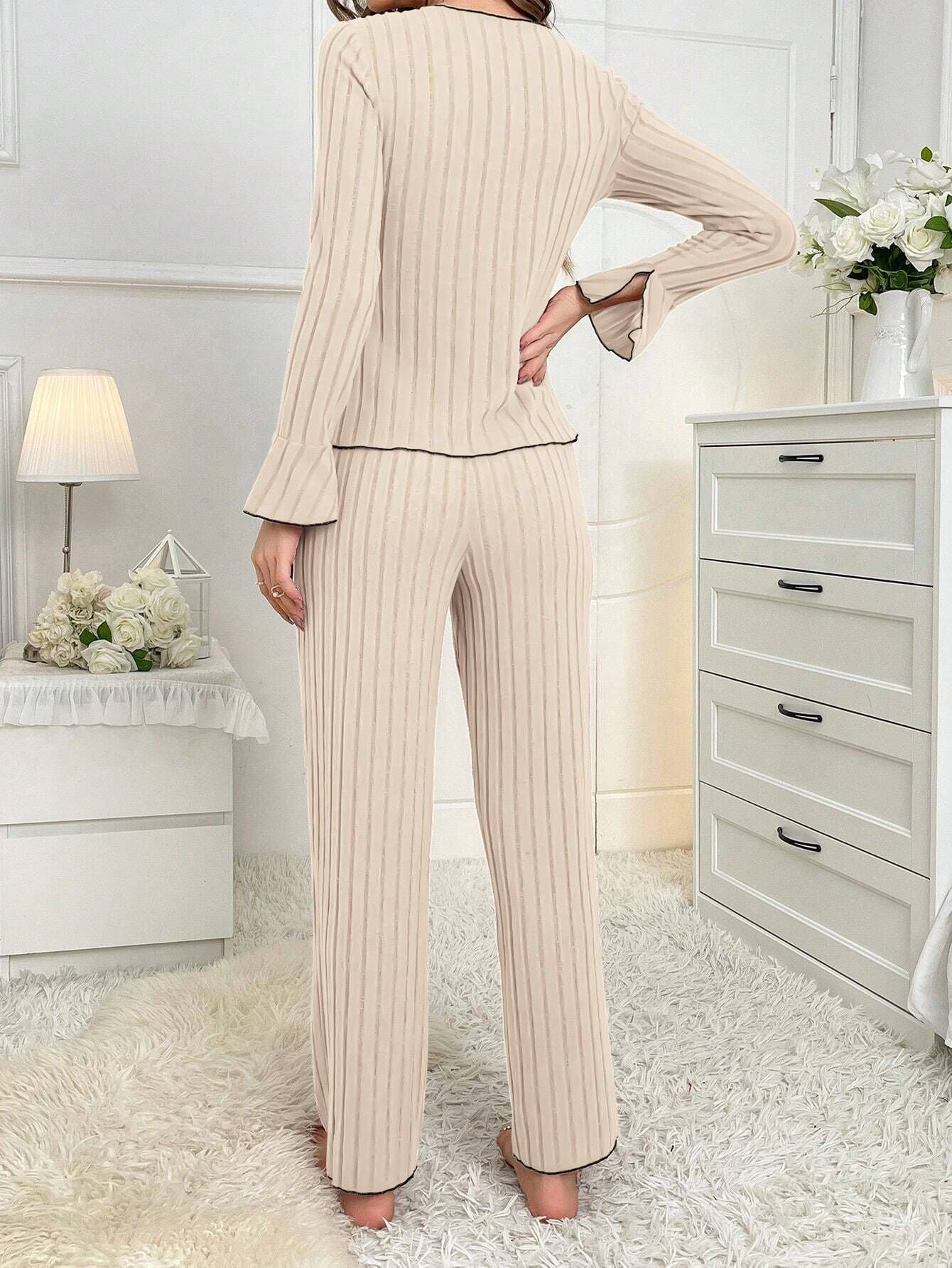 Coquette Contrast Trim Ribbed Pajama Set