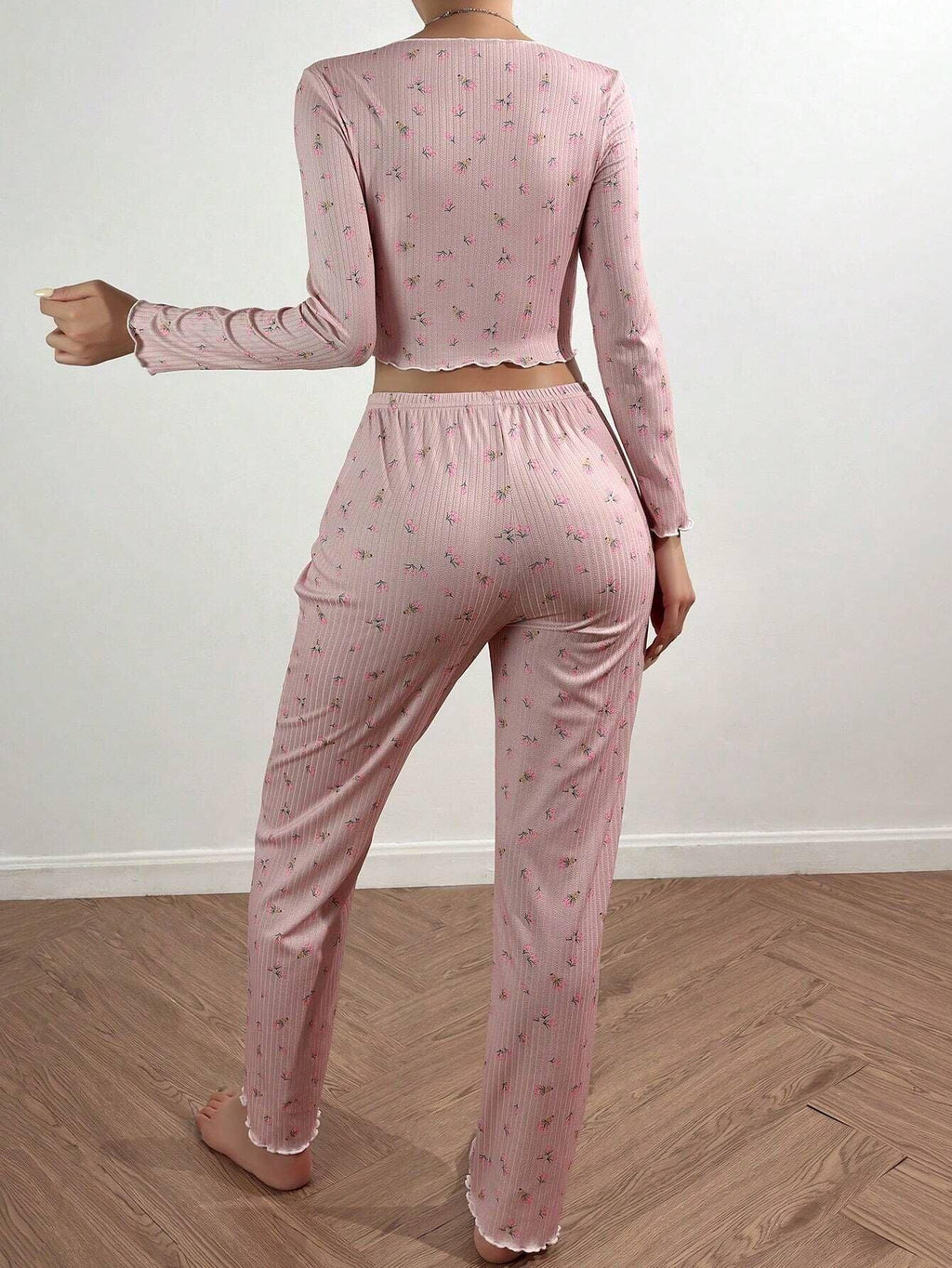 Tulip Floral Ribbed Henley Pajama Set - TEVQA