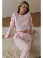 Coquette Aesthetic Pink Eyelet Lounge Set - TEVQA