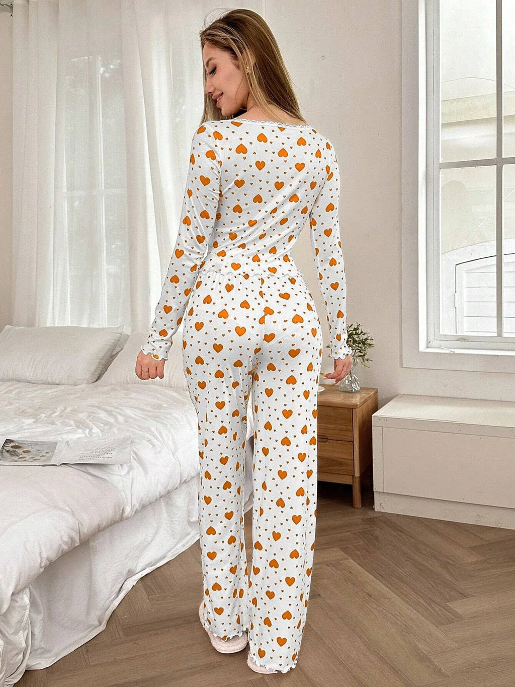 Ribbed Heart Print Pajama Set - View 7 | TEVQA
