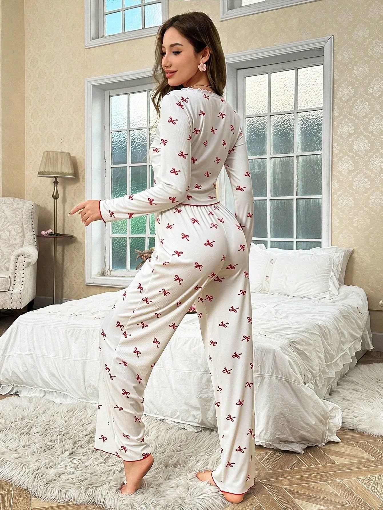 Ribbed Pajama Set with Bow Print Secondary image