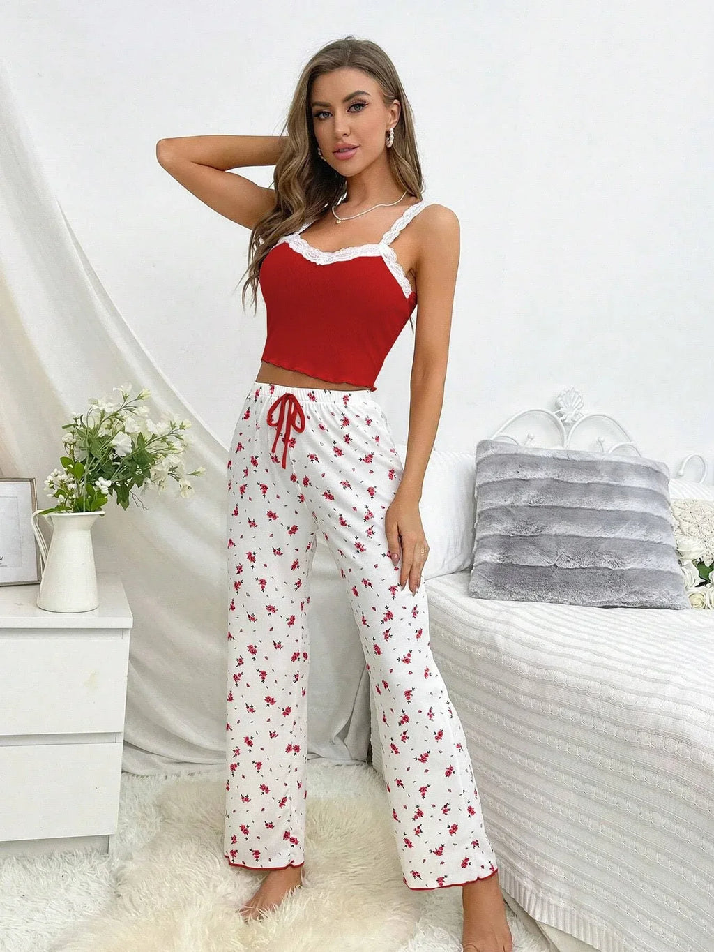 Ribbed Cami & Floral Wide Leg Pajama Set - View 9 | TEVQA