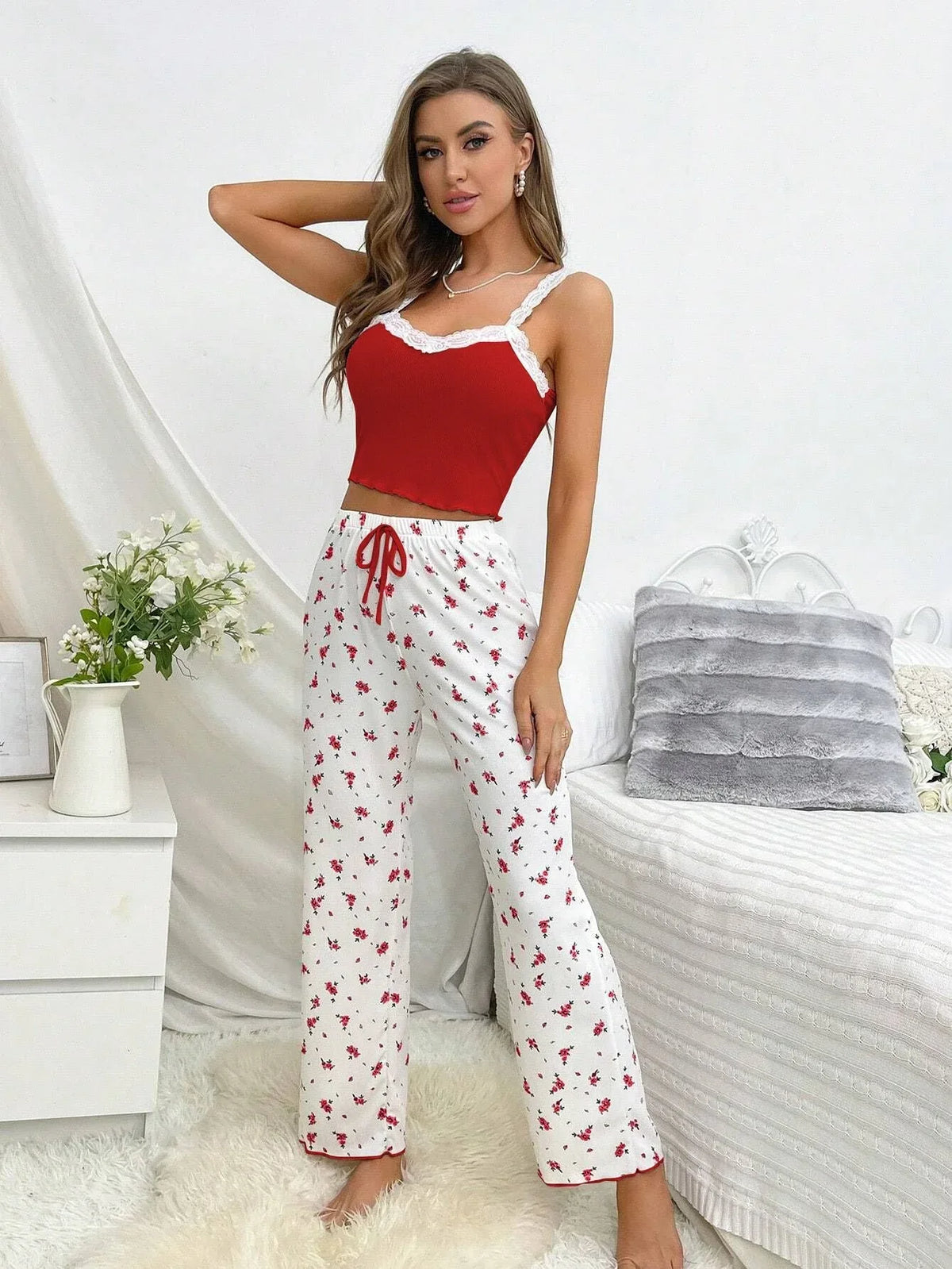 Ribbed Cami & Floral Wide Leg Pajama Set - View 9 | TEVQA