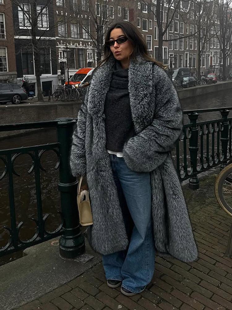 Opulent Silver Grey Faux Fur Maxi Coat - View 6 | TEVQA