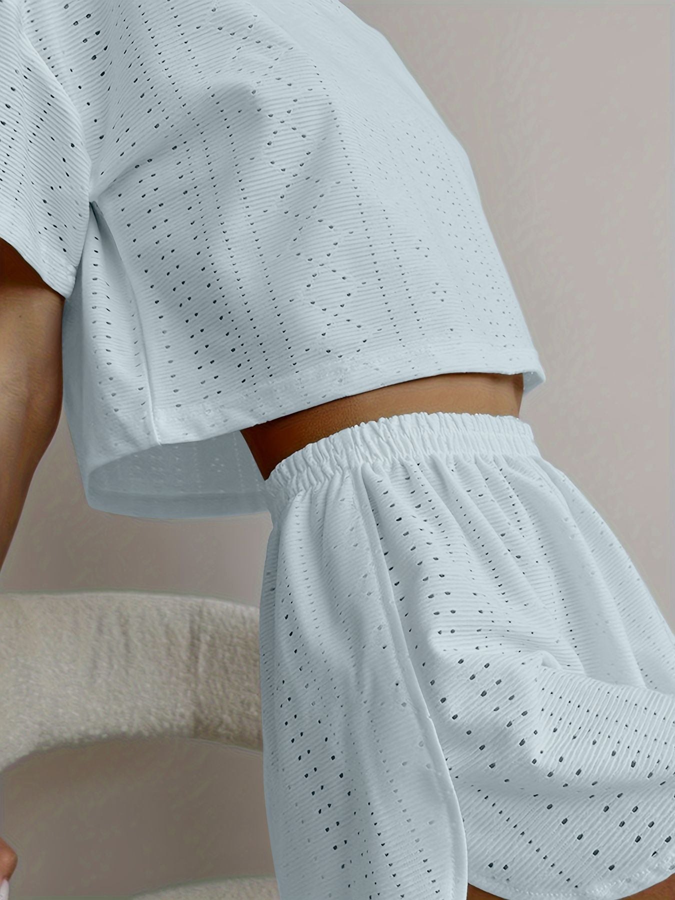 White Hollow Out Eyelet Lounge Set