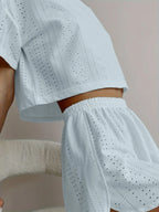 White Hollow Out Eyelet Lounge Set - TEVQA