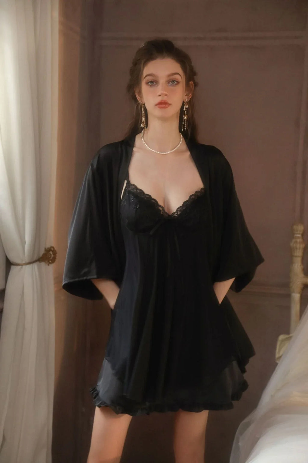 Black Ruffled Satin Slip Dress & Robe Set - TEVQA