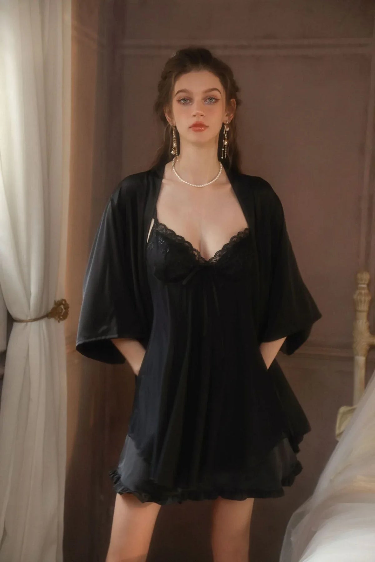 Black Ruffled Satin Slip Dress & Robe Set - TEVQA