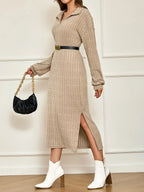 Woman in a beige ribbed knit midi dress with a collared V-neck and long sleeves, demonstrating the versatility with a black belt, white ankle boots, and a black handbag.
