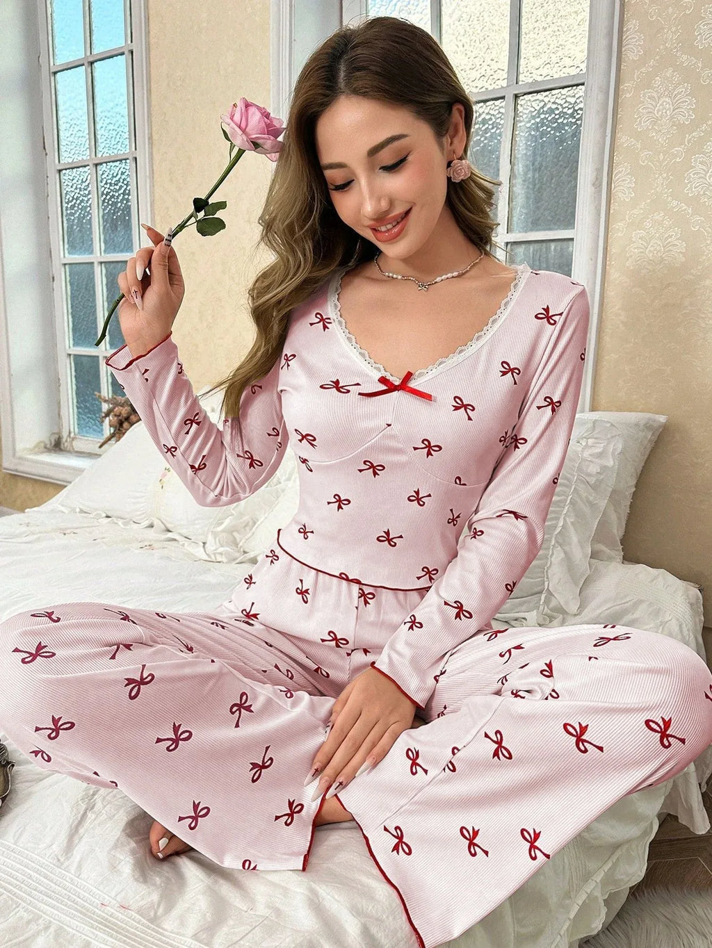 Ribbed pajama set with bow print and v-neckline - View 10 | TEVQA