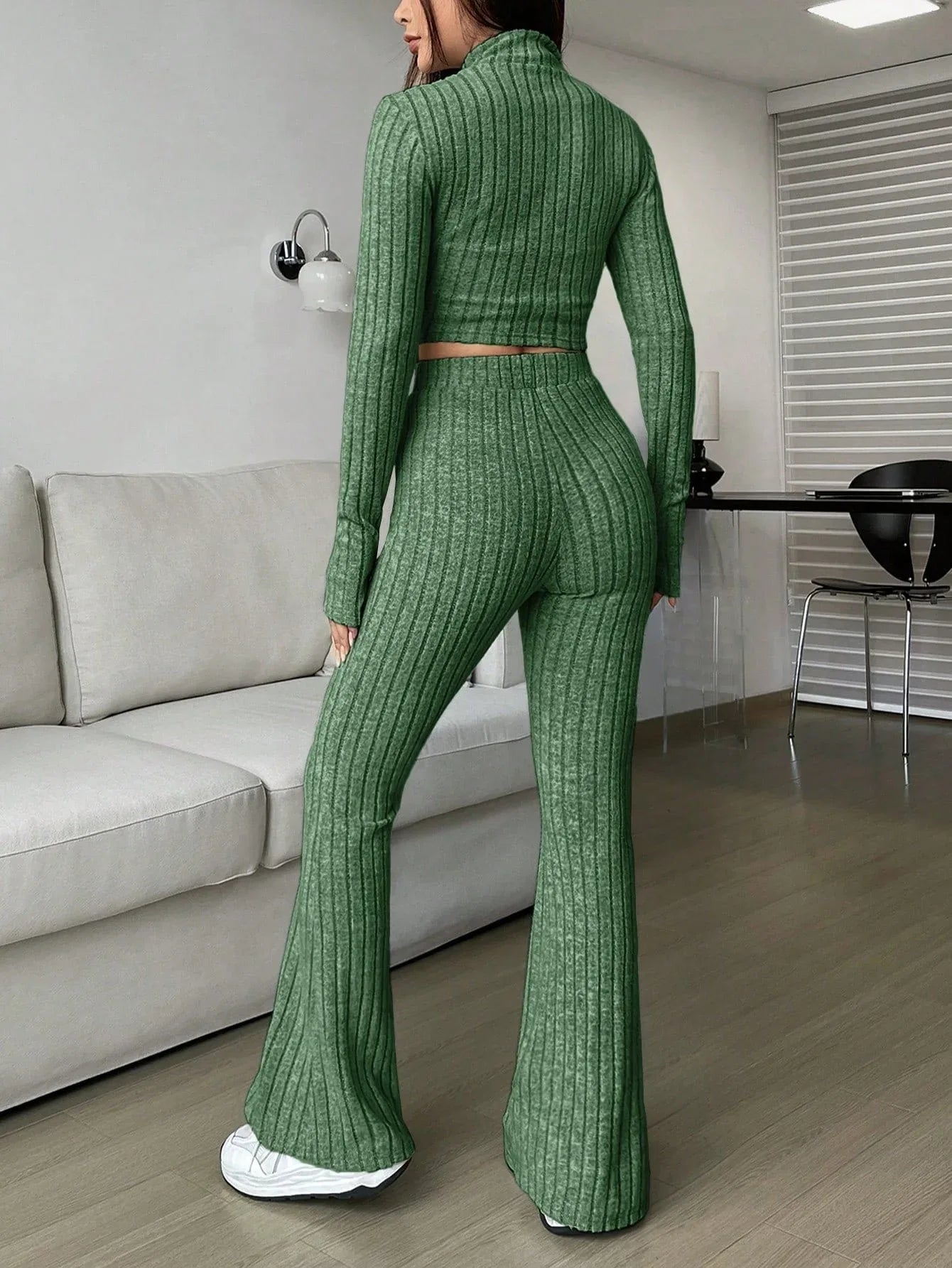 Vintage Moss Ribbed Knit Two-Piece Set - TEVQA