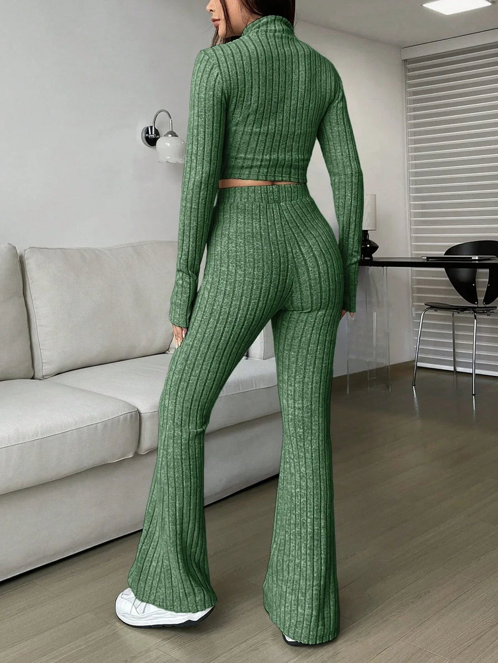 Vintage Moss Ribbed Knit Two-Piece Set - TEVQA