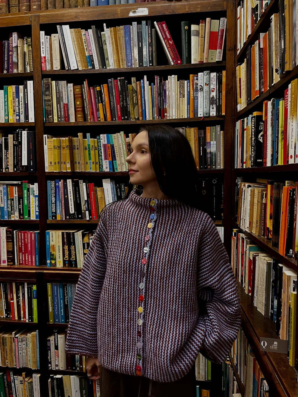 Eclectic Rainbow Button High-Neck Cardigan - View 8 | TEVQA